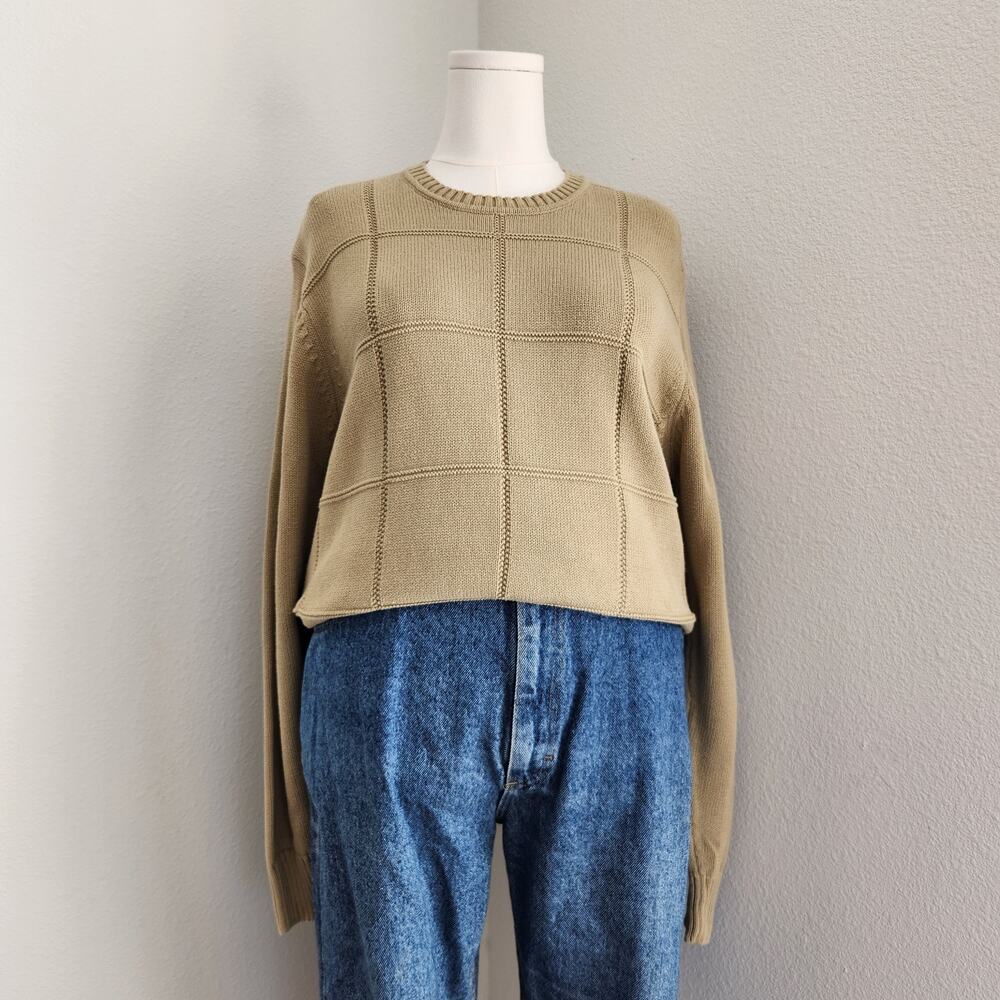 Vintage Geoffrey Beene Tan Grid Knit Crewneck Sweater Grandpacore Long Sleeve M